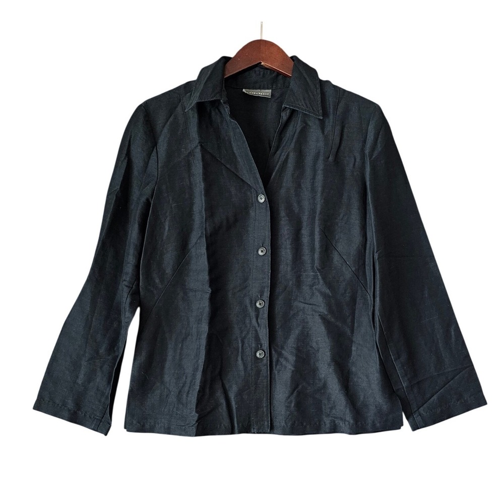 SANDRA PABST Black Collared Button Front Long Sleeve Blouse‎ Top Women's
